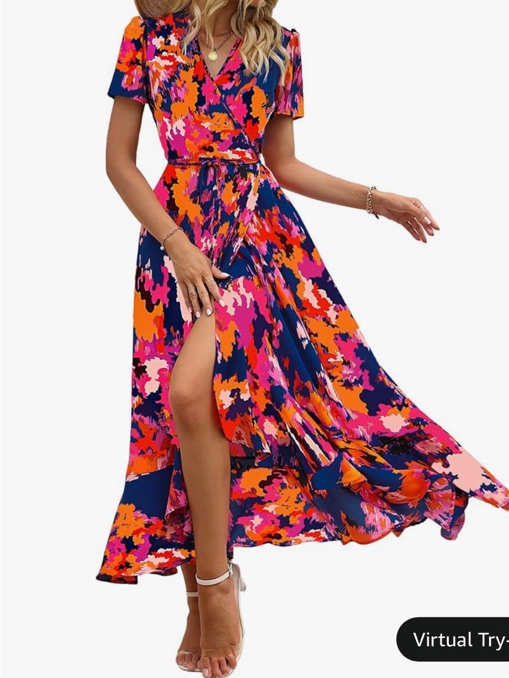 Vibrant Pink & Orange High-Low Wrap Dress